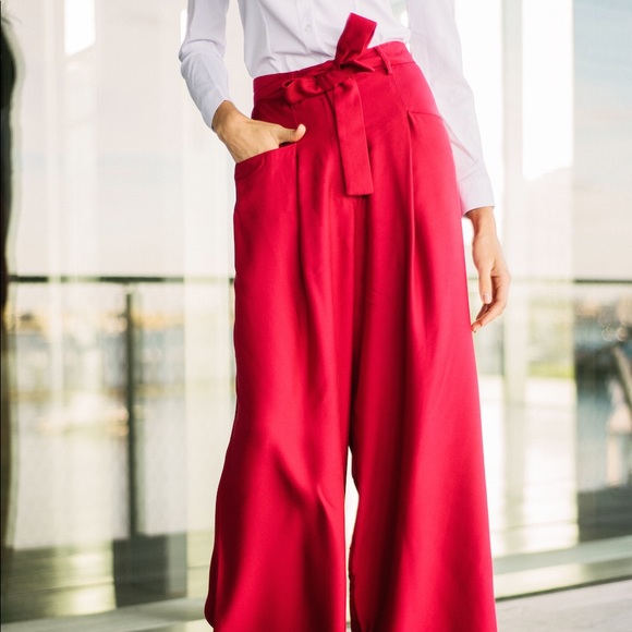 red wide leg high waisted pants